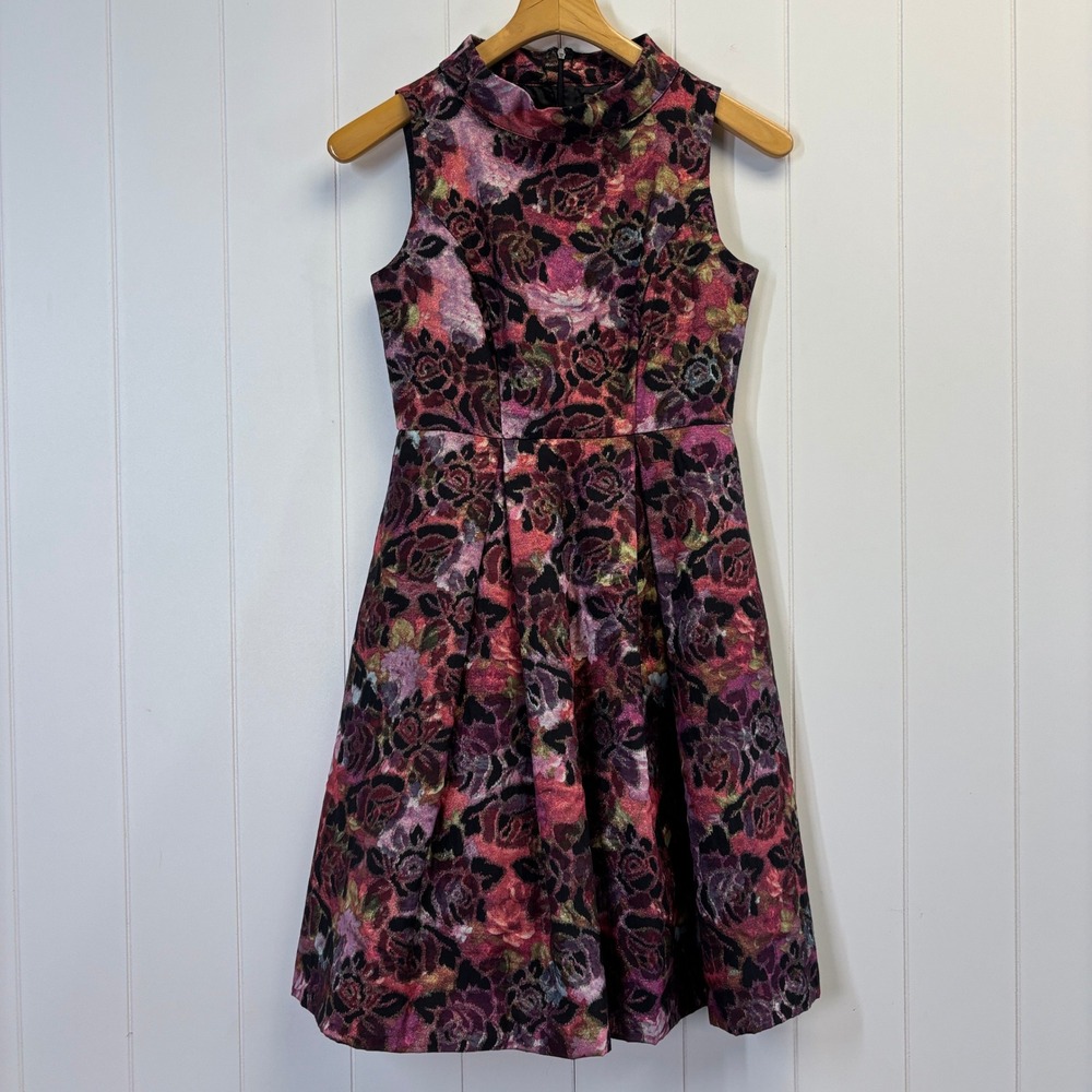 Taylor Women Cocktail Metallic Floral Midi Dress Size 2P Spring Event Holiday
